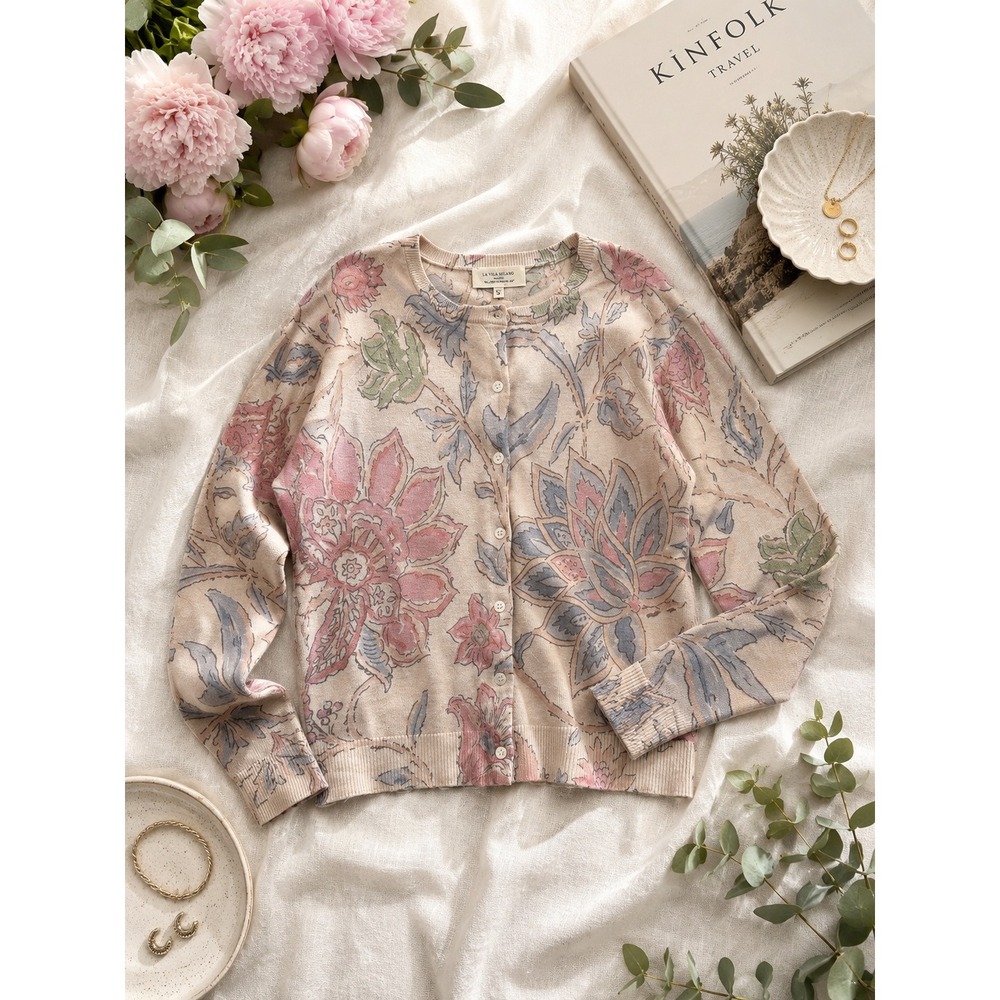 La Vila Milano Women Floral‎ Print Button Front Cardigan Sweater Pink Blue Small